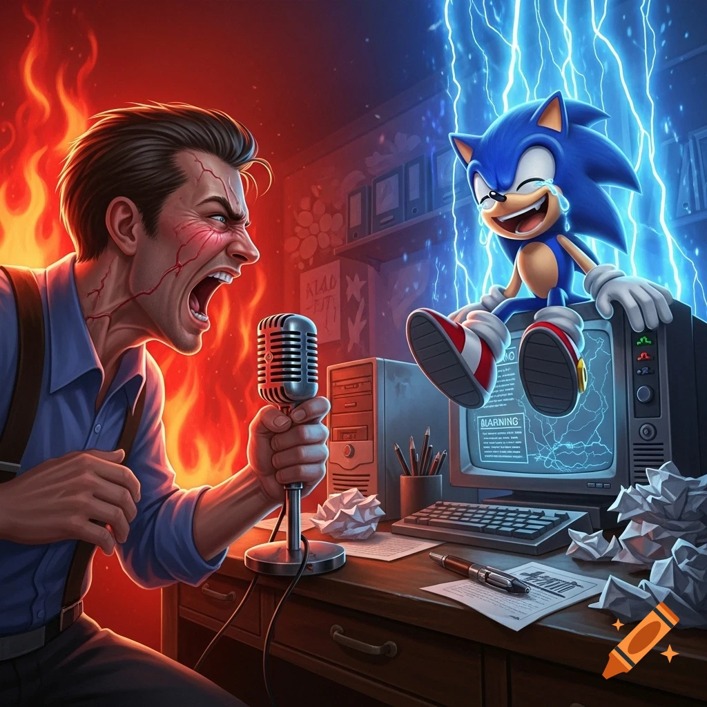 A man yells into a microphone with flames behind him while Sonic the Hedgehog laughs on a monitor with lightning. Stylized comic art.