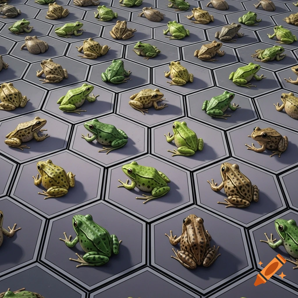 A repeating pattern of green and brown frogs sitting on hexagonal grey tiles.
