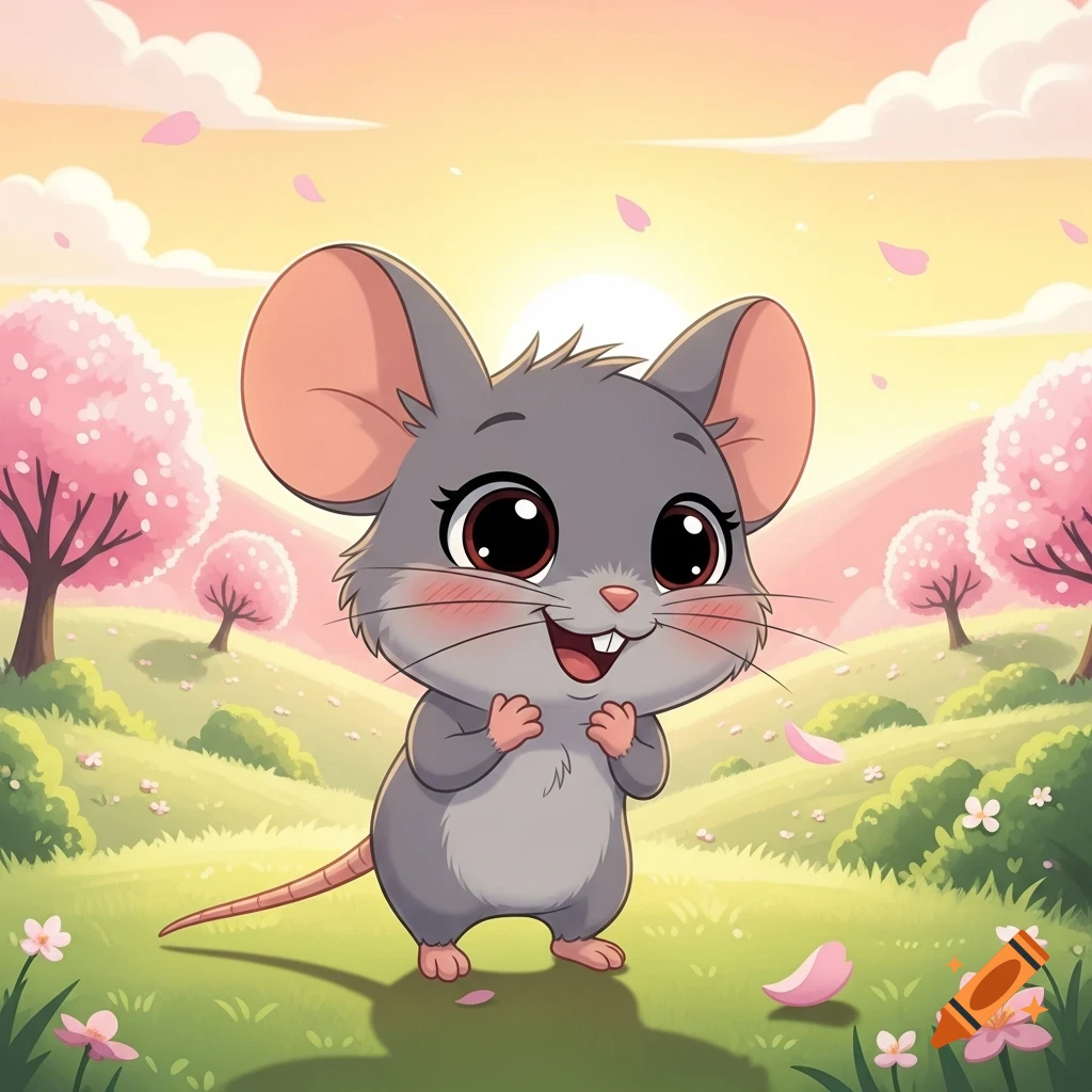 Cute cartoon mouse with big eyes, happy, in a spring field with pink cherry blossoms and sunrise.
