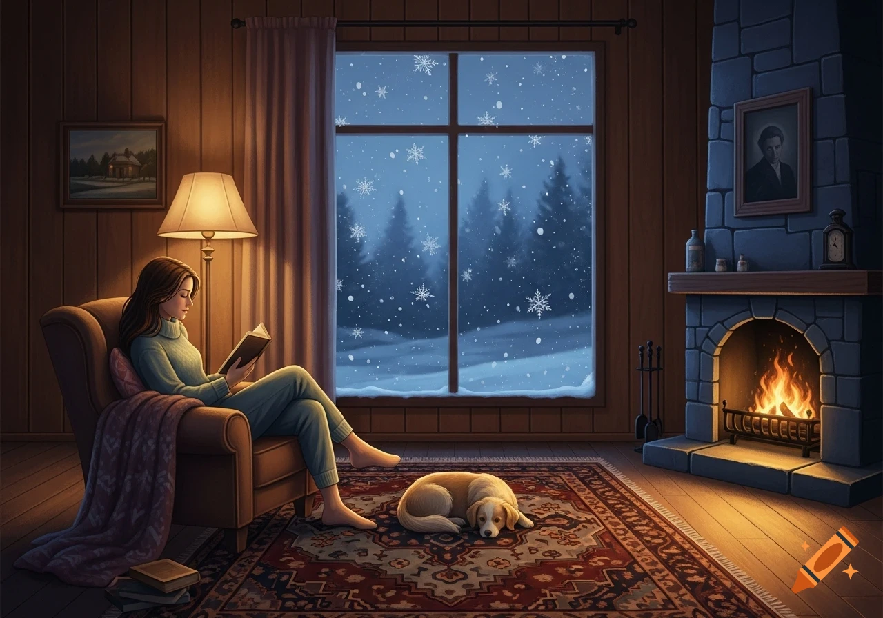 A woman reads in a cozy room by a fireplace with a dog on a rug and snow falling outside the window.