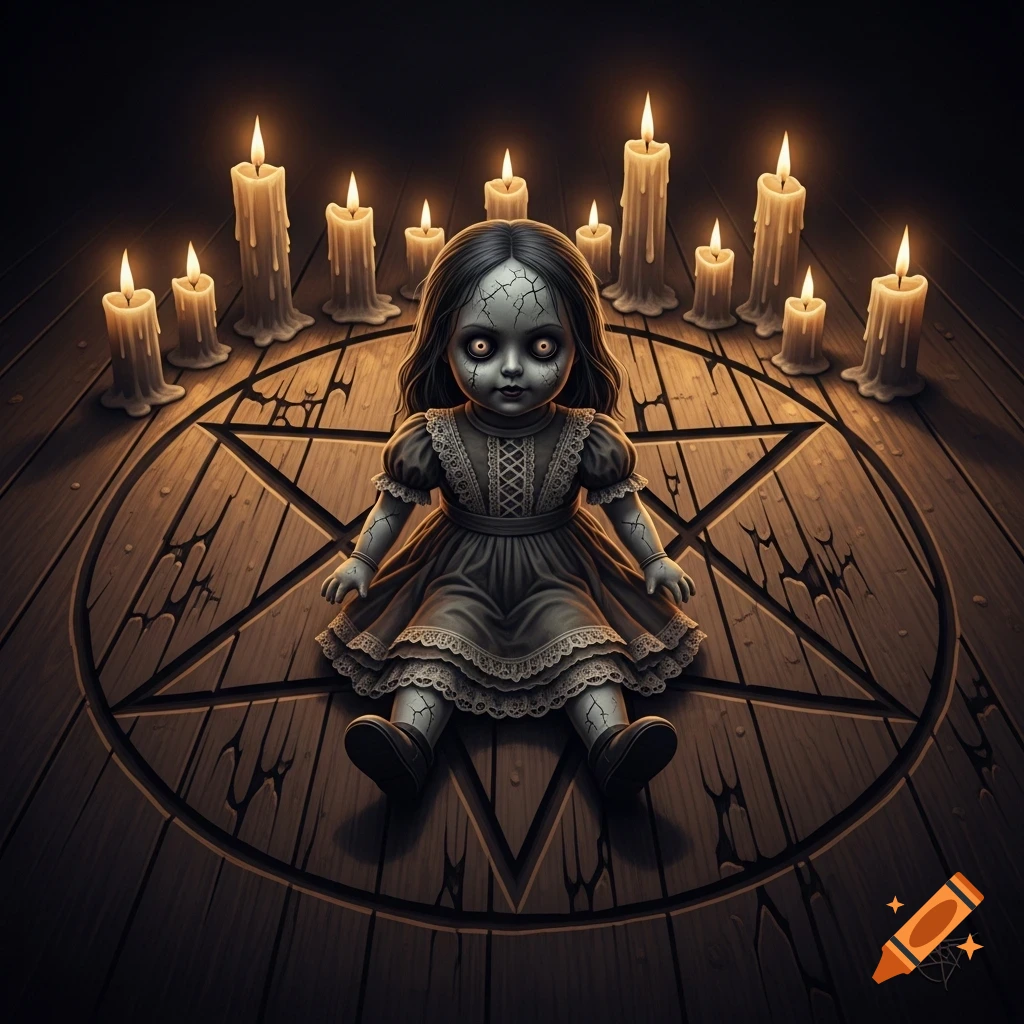 A creepy, cracked doll with glowing eyes sits on a wooden floor etched with a pentagram, surrounded by lit candles in a dark, illustrative style.