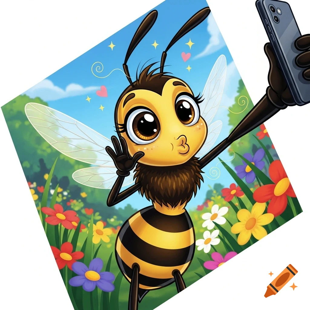 A cute cartoon bee with big eyes puckers its lips, waves, and takes a selfie in a vibrant flower field, illustration style.
