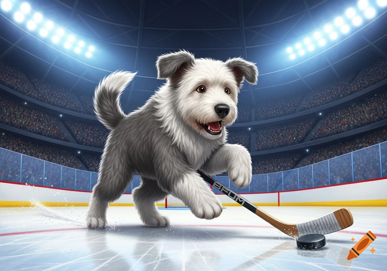 A cartoon white and grey shaggy dog plays hockey on an ice rink, stickhandling a puck in a brightly lit stadium.