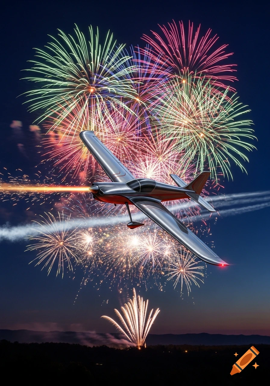 A sleek silver RC airplane flies through a night sky illuminated by colorful fireworks explosions and glowing trails.