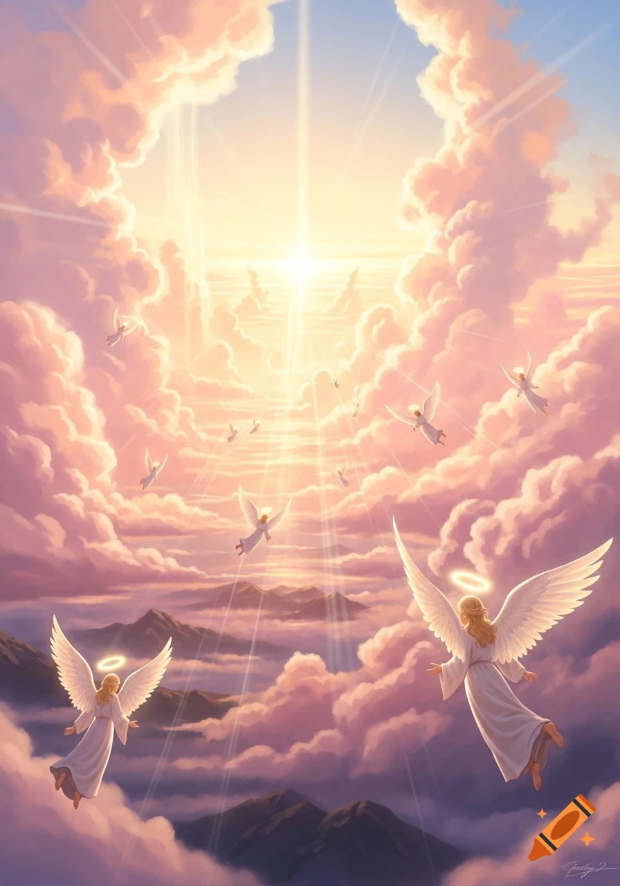 Angels with white wings and halos fly through a radiant, cloudy sky towards a bright light above distant mountains, dreamlike art.