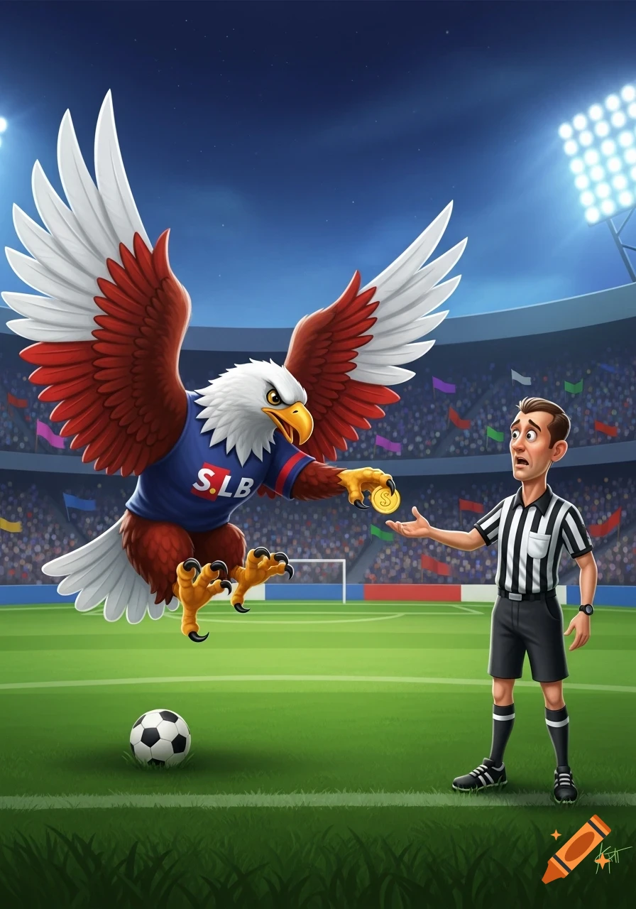 A cartoon eagle mascot in a blue shirt with "S.L.B" on it, holding a gold coin out to a surprised soccer referee on a stadium field.