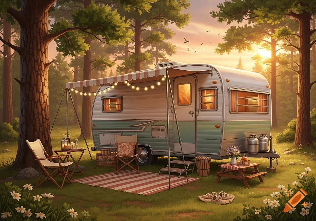 An antique camper parked in a sunny forest clearing with an awning, string lights, picnic setup, and chairs.