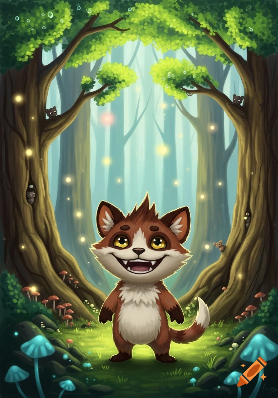 A smiling cartoon fox creature with big eyes stands in a vibrant, magical forest with glowing blue mushrooms and fireflies.