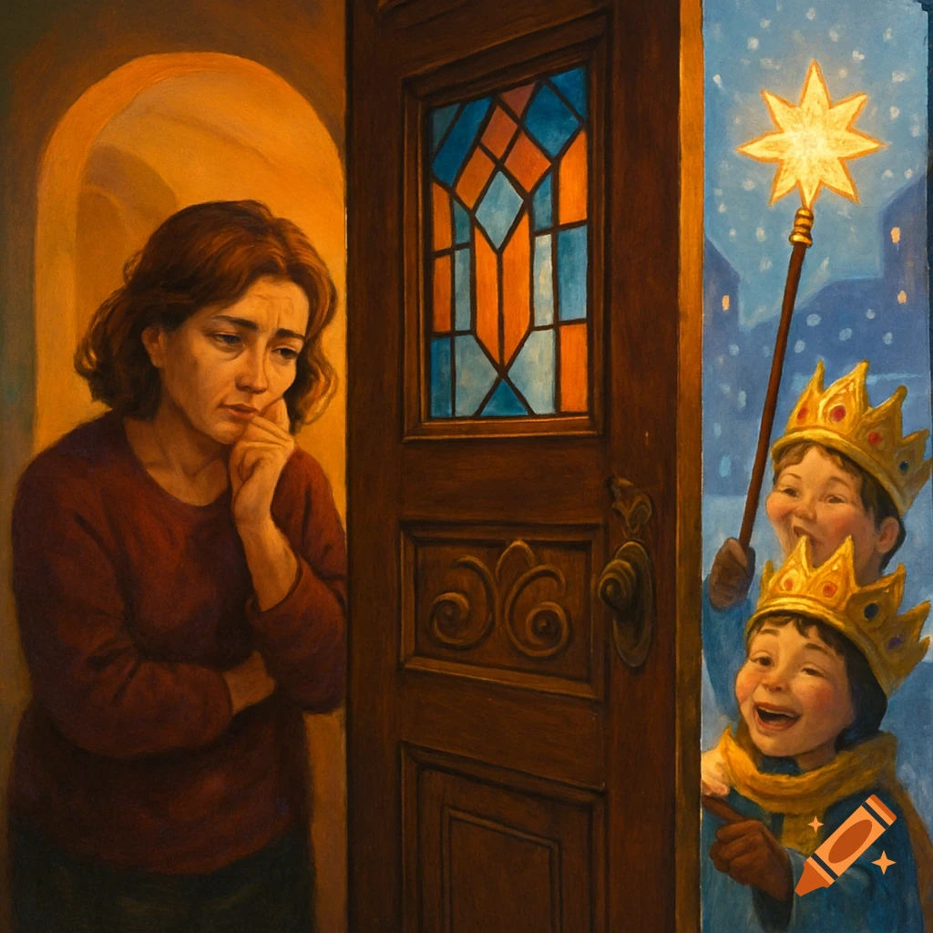 Painterly image of a worried woman inside, looking at two smiling children in crowns peeking from behind a door, one with a star staff.