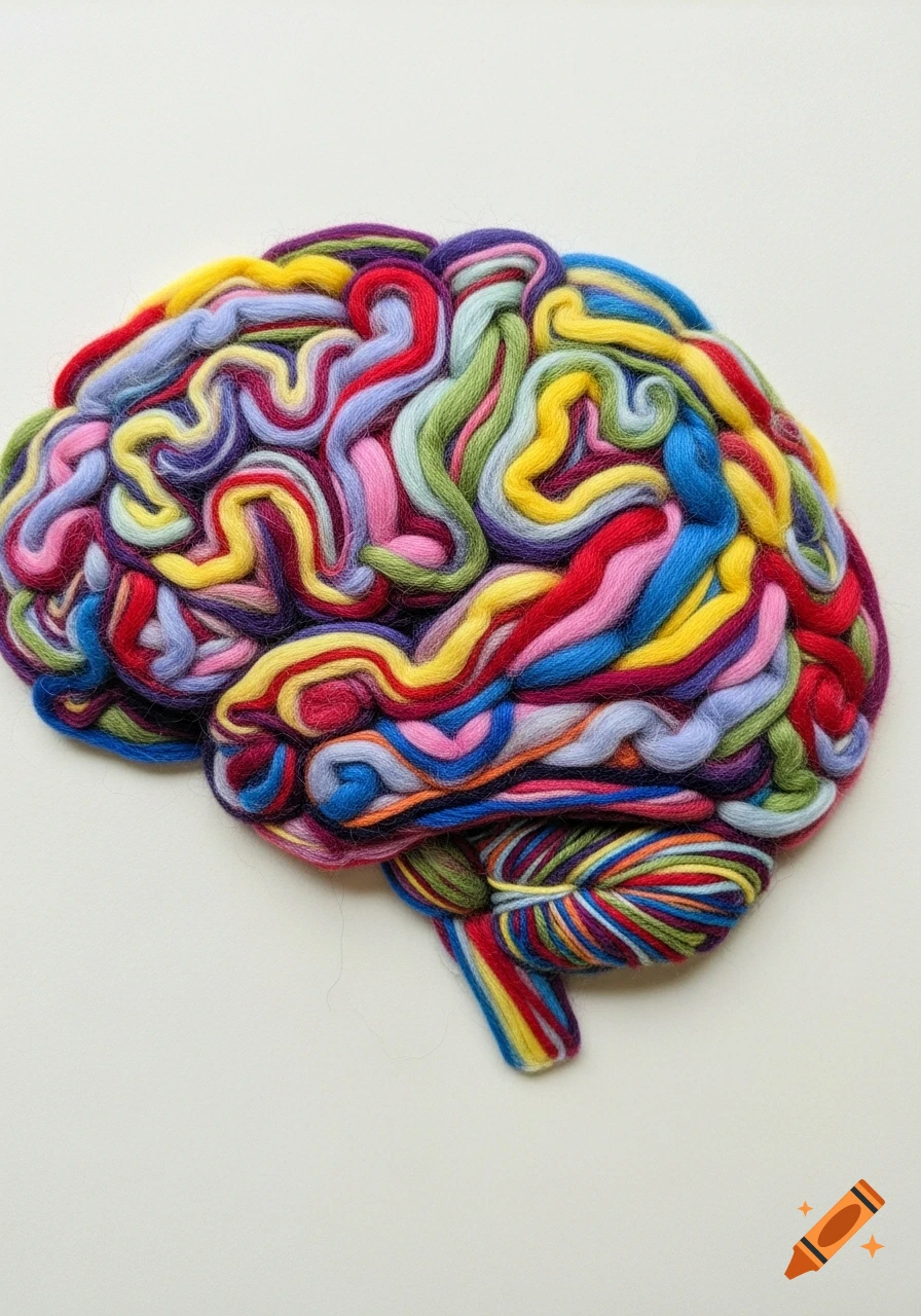A human brain made from colorful, intertwined strands of wool on a plain background.
