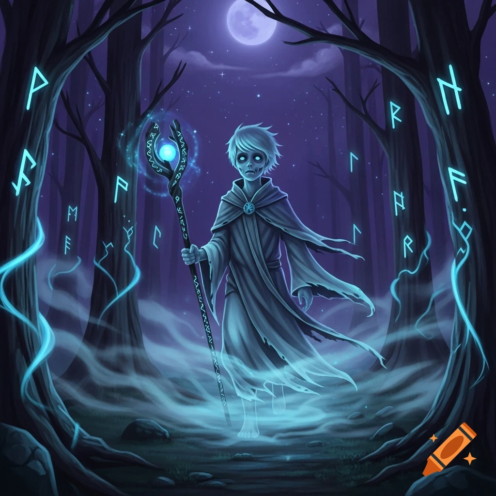 An illustration of a pale, ghostly boy in a dark cloak holding a glowing staff in a spooky forest with magical runes floating in the air under a full moon.
