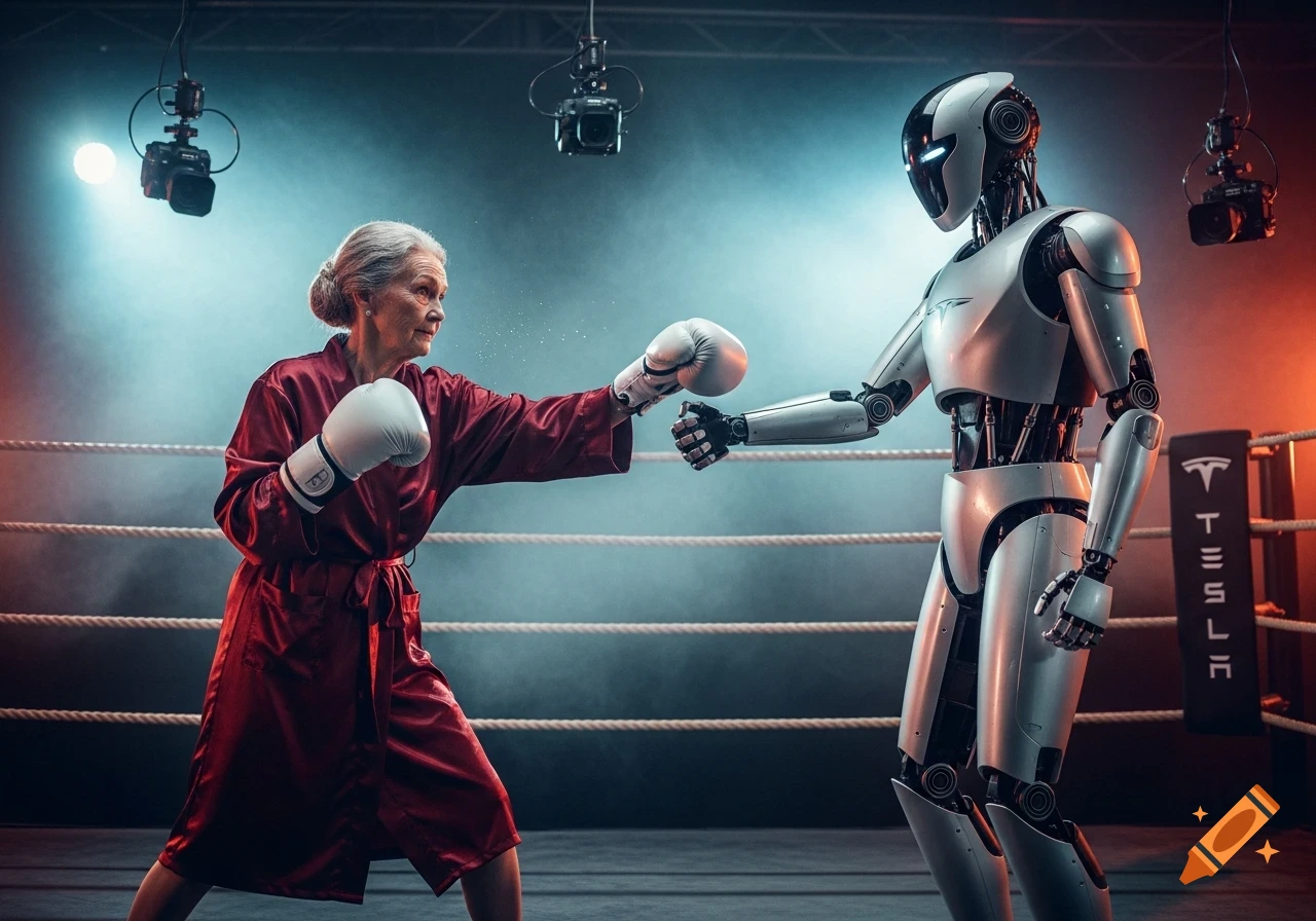 An elderly woman in a red robe and white boxing gloves punches a silver humanoid robot in a dramatic boxing ring.