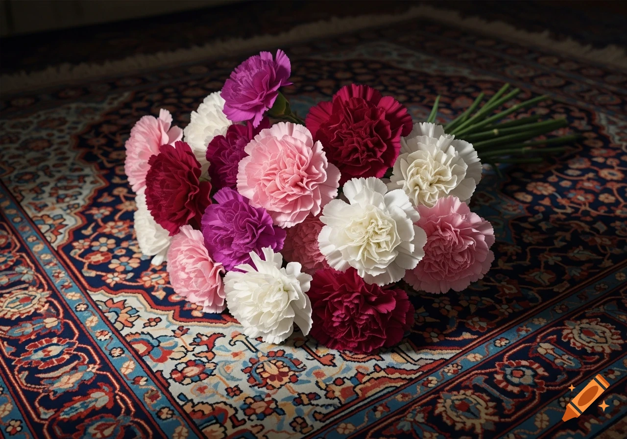 A vibrant bouquet of pink, white, and magenta carnations rests on a richly patterned Persian rug.