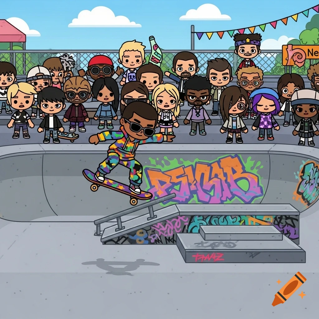 A cartoon man in a colorful hoodie performs a skateboard trick in a skate park watched by a crowd of diverse people, in Toca Life style.