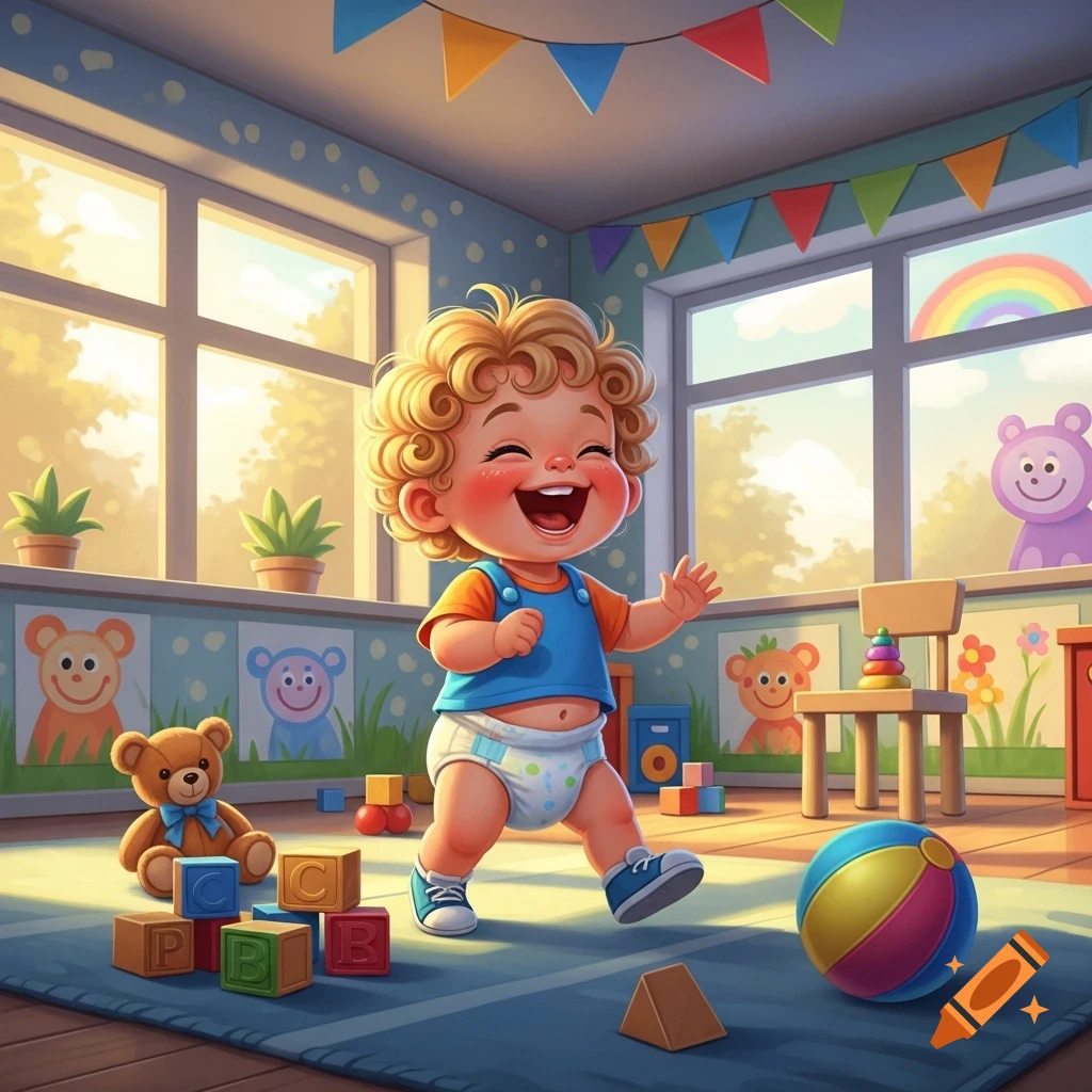 A happy cartoon toddler with curly hair laughs while walking in a bright, colorful playroom filled with toys and alphabet blocks.