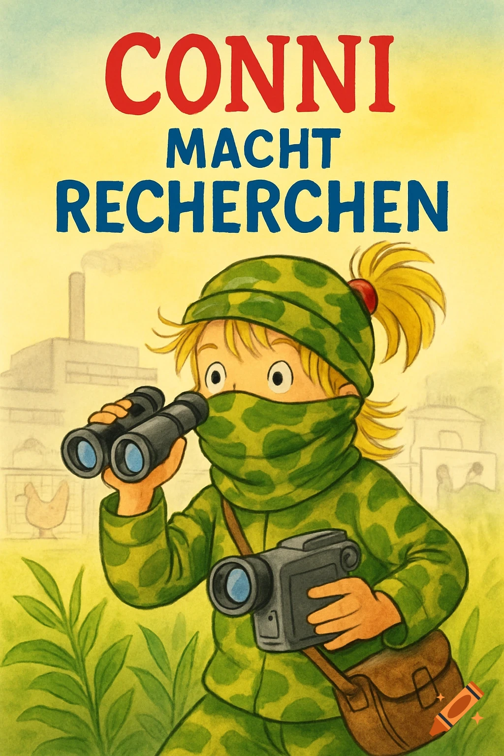 Cartoon child in camo, face partially covered by a scarf, holds binoculars and a video camera. Book cover title: CONNI MACHT RECHERCHEN.