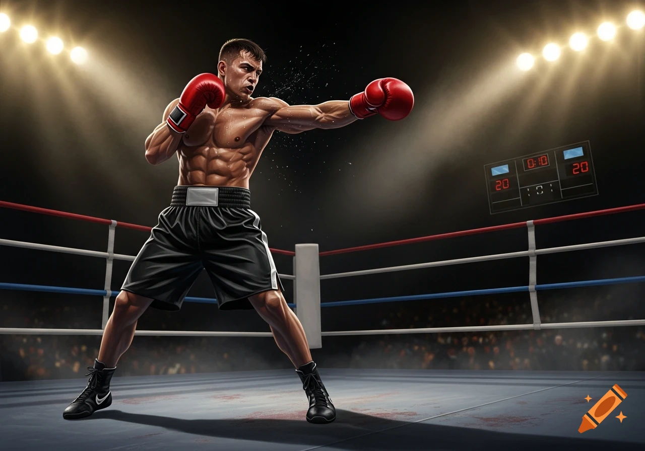 A muscular male boxer in red gloves and black shorts throws a punch in a brightly lit boxing ring.