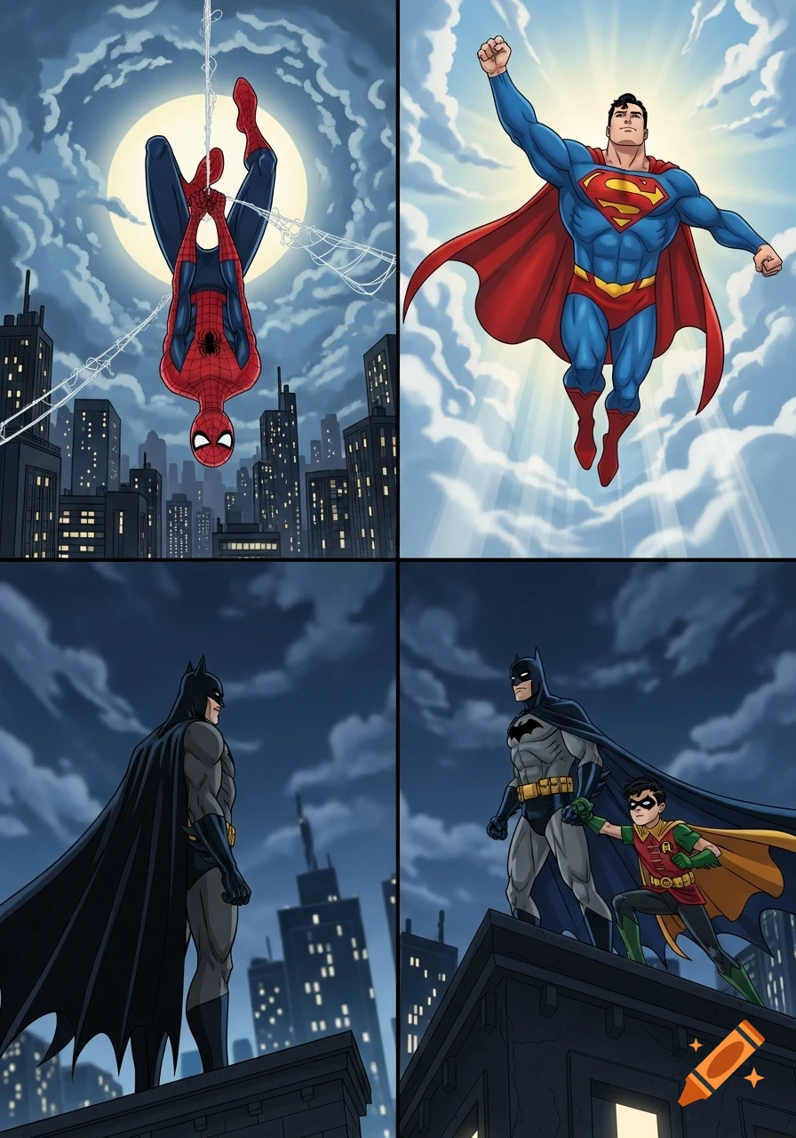 Four comic panels: Spider-Man upside down at night, Superman flying, Batman on a rooftop, and Batman with Robin on a rooftop.