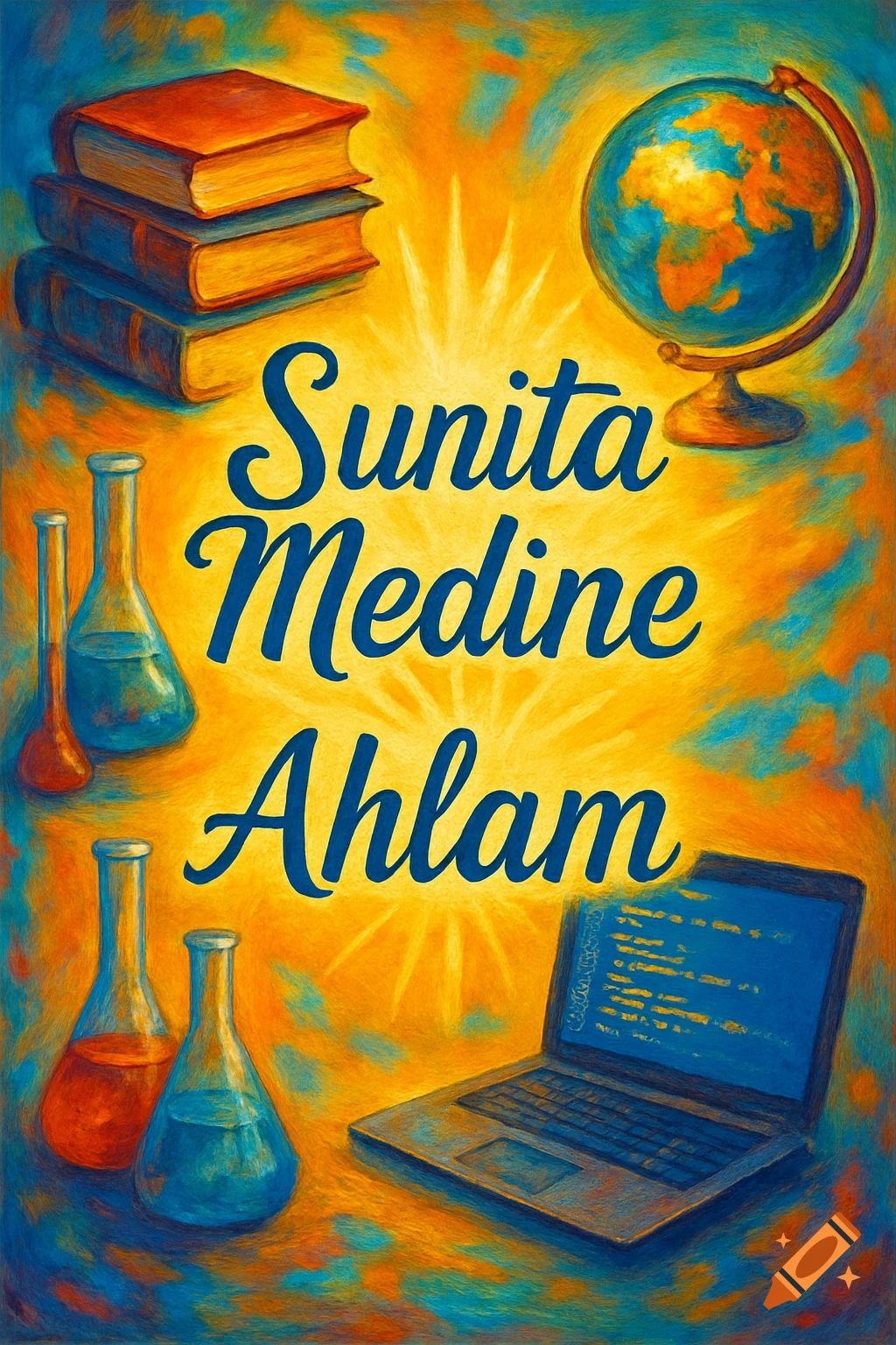 A vibrant, painterly image featuring a stack of books, a globe, lab beakers, and a laptop, with the names 'Sunita Medine Ahlam' prominently displayed in the center.