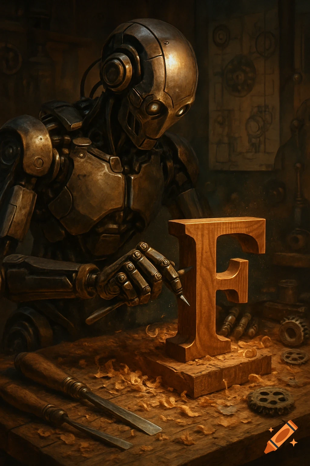 A detailed digital painting of a metallic robot carving a large wooden letter F in a dimly lit workshop, surrounded by tools and wood shavings.