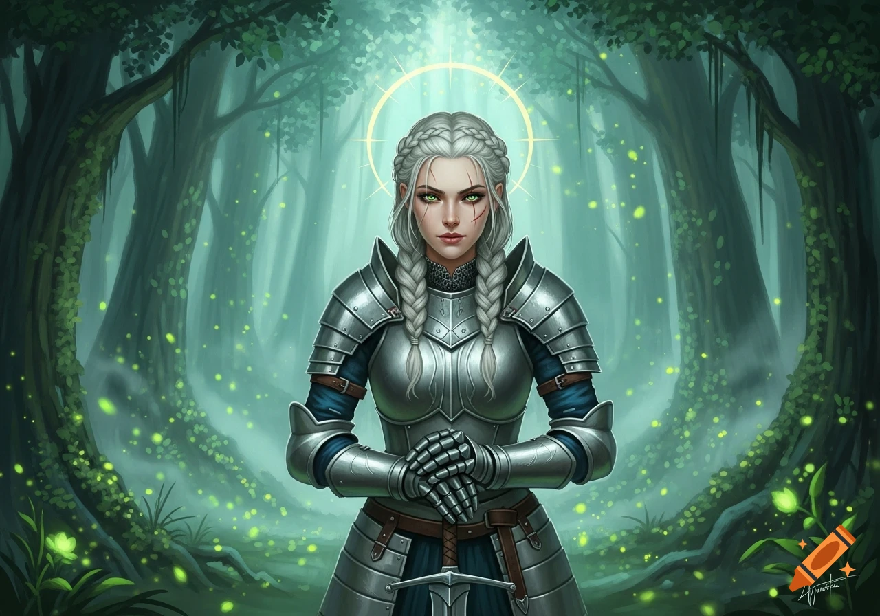 An illustrated woman knight in silver armor with braided grey hair, green eyes, and facial scars stands in a mystical forest with a glowing halo.