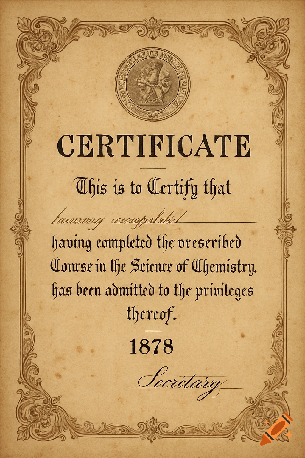 An aged, ornate vintage certificate from 1878 with serif lettering, a seal, and decorative corners on yellowed parchment.