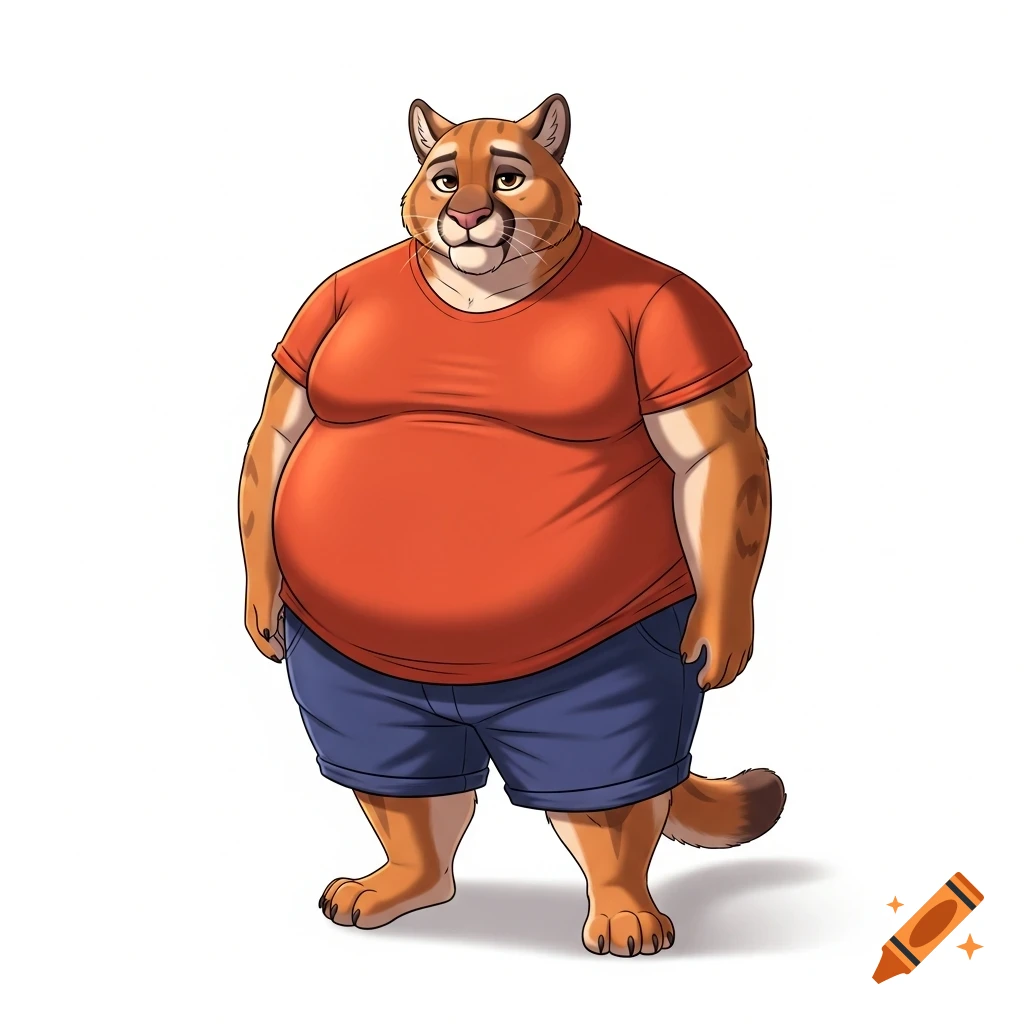 An overweight anthropomorphic cougar in a Zootopia style, wearing an orange t-shirt and blue shorts, stands against a white background.