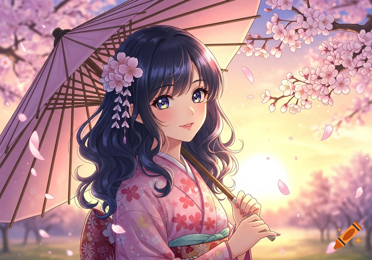 An anime girl with dark blue hair in a pink kimono holding a matching umbrella under blooming cherry blossom trees at sunset.