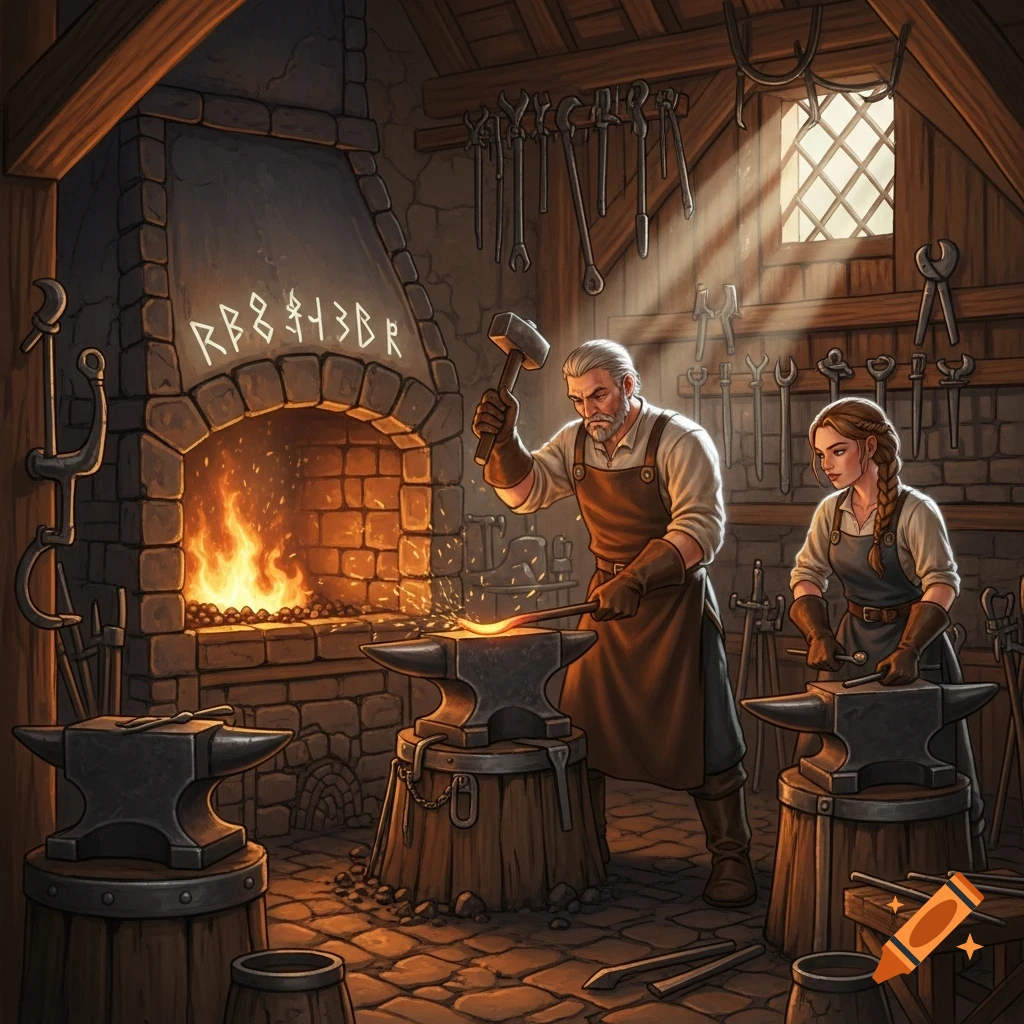 A male blacksmith and a female apprentice forge metal in a rustic, fantasy-style smithy, illuminated by firelight and a window.