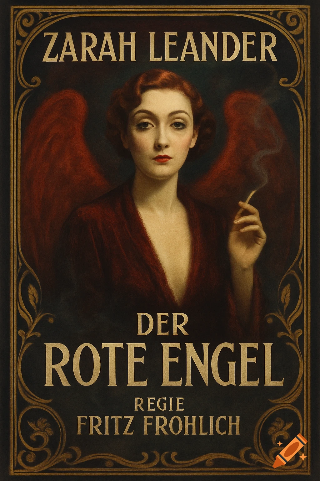 Vintage art deco film poster with a woman with red wings holding a smoking cigarette, text Zarah Leander, Der Rote Engel.