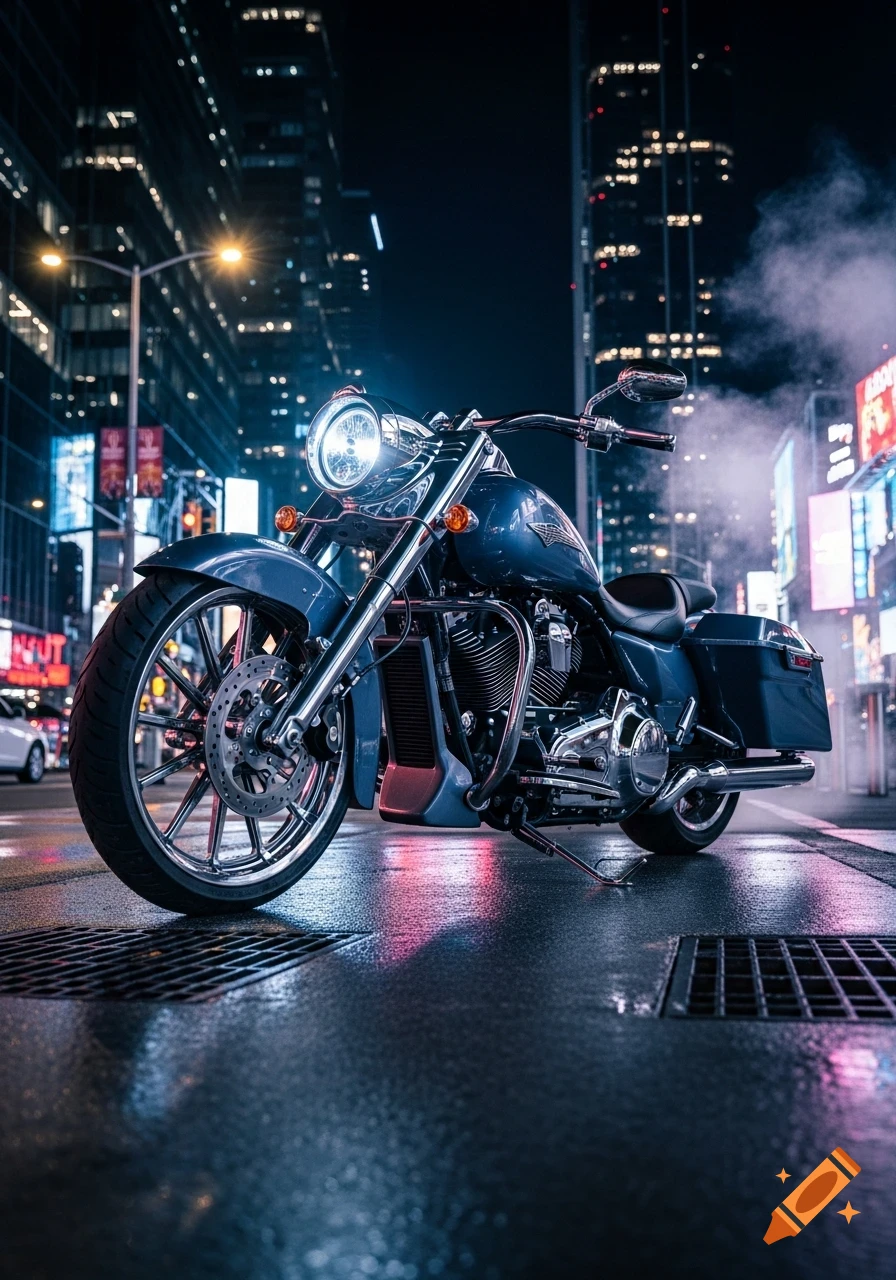 A gleaming blue motorcycle parked on a wet city street at night, illuminated by its bright headlight and neon city lights in the background.