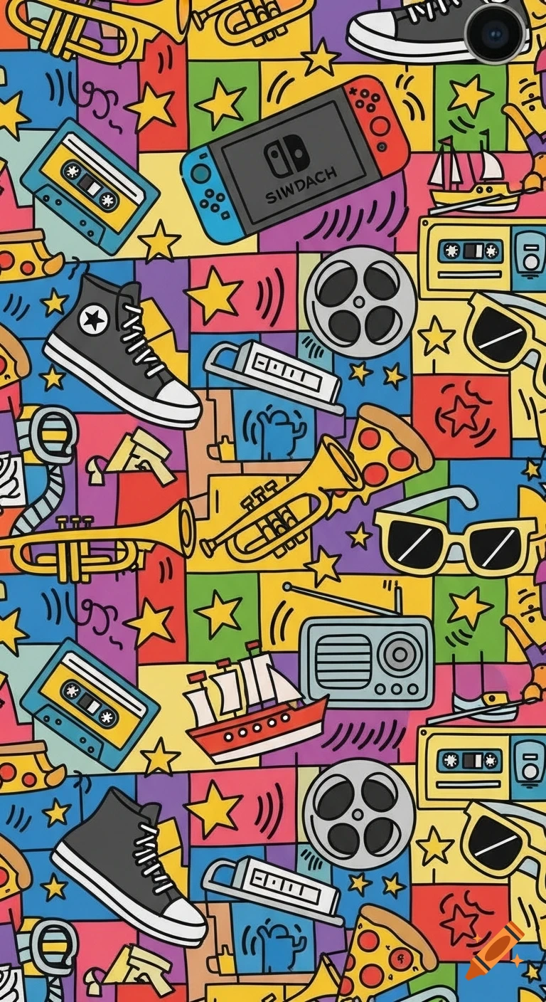 Colorful Keith Haring style pattern with outlined icons of a cassette, stars, Nintendo Switch, pizza, trumpet, shoe, ship, radio, film reel, and sunglasses.