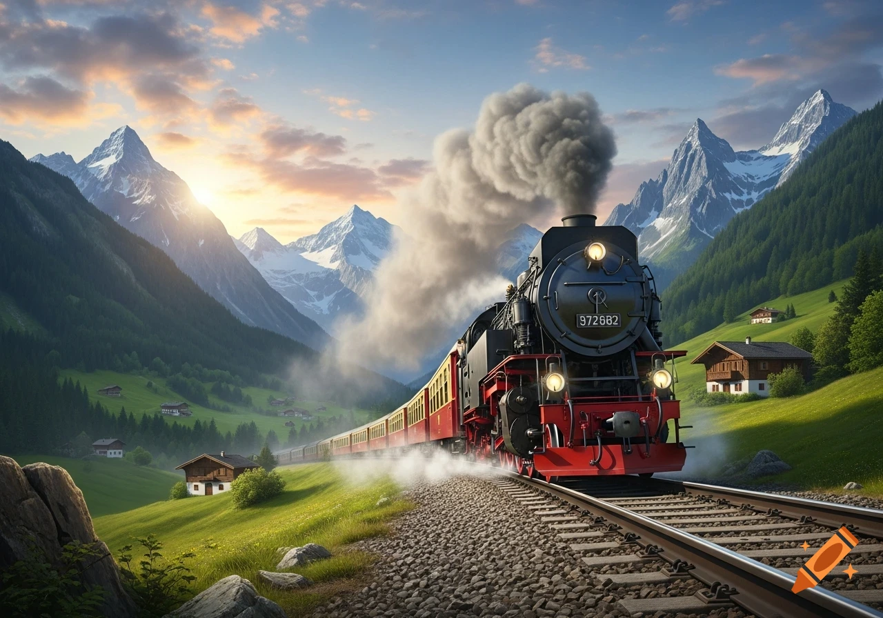 A black and red steam train with a yellow stripe travels through a green mountain valley with snow-capped peaks under a sunset sky.