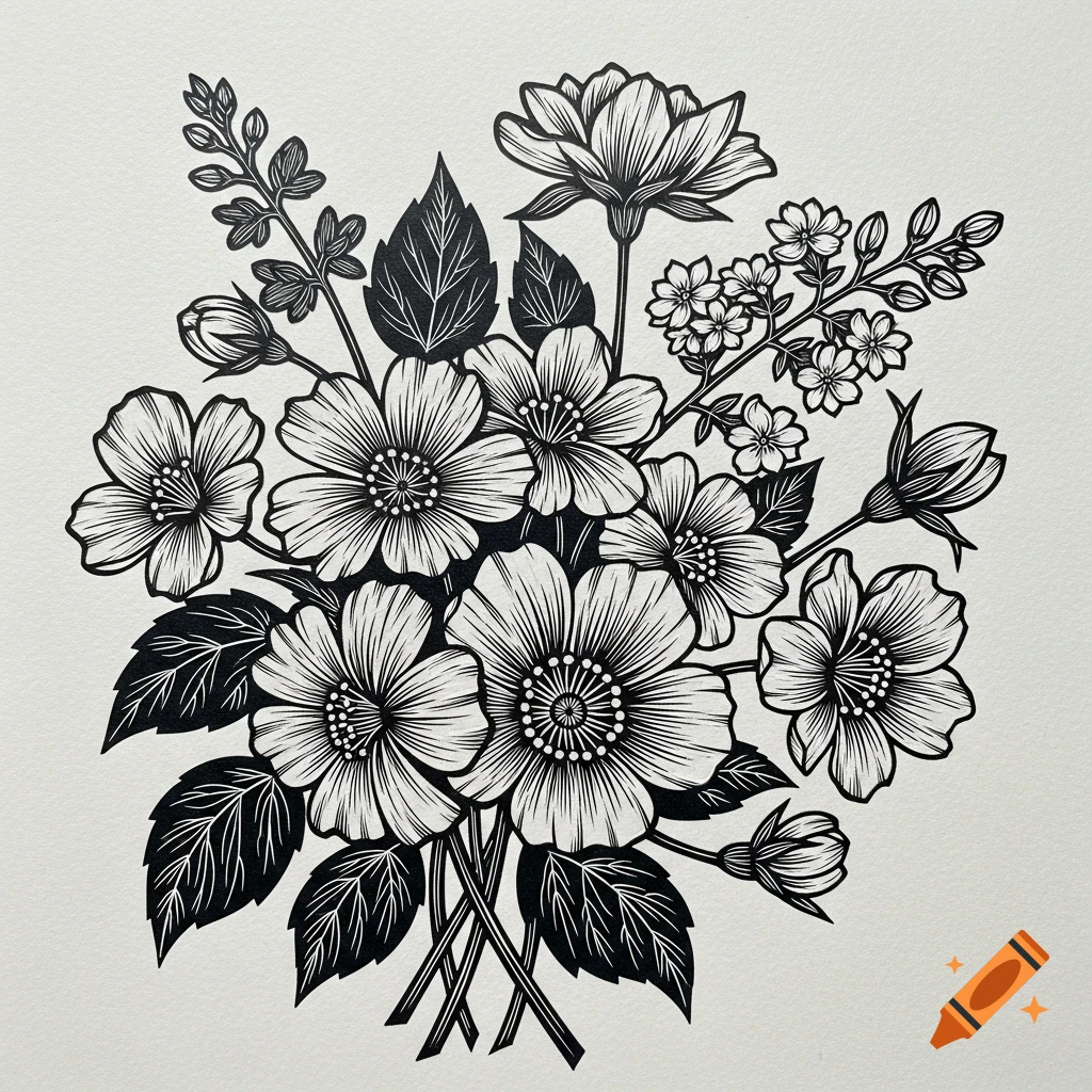 Black and white linocut illustration of a bouquet of various flowers and leaves on a textured white background.