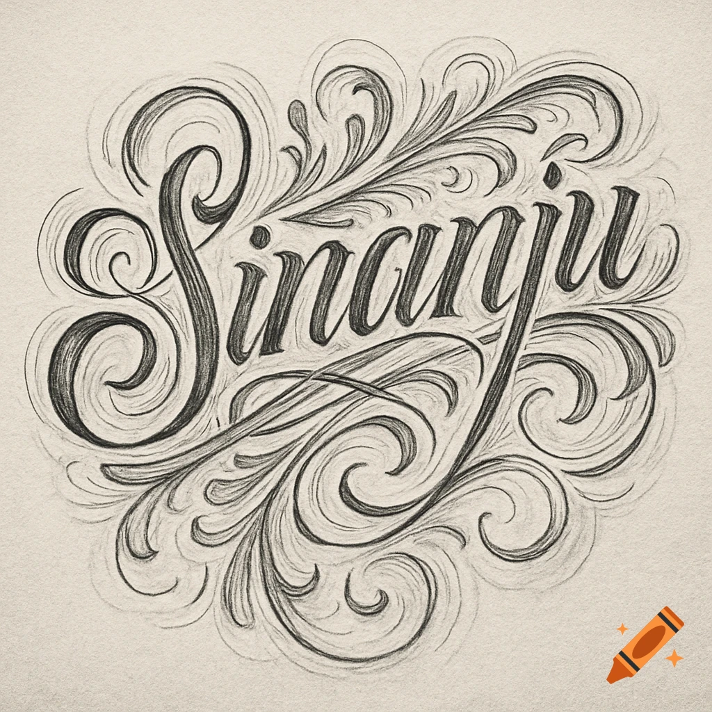 Sketch of the word 'Sinanju' in an ornate, swirling script with intricate flourishes on textured paper.