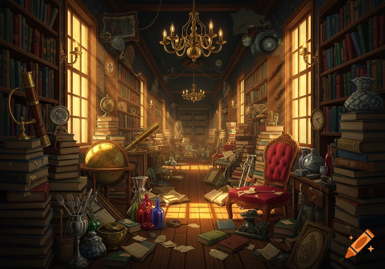 A dimly lit, cluttered vintage library corridor filled with towering bookshelves, globes, telescopes, antique objects, and scattered books on a wooden floor, bathed in golden sunlight.