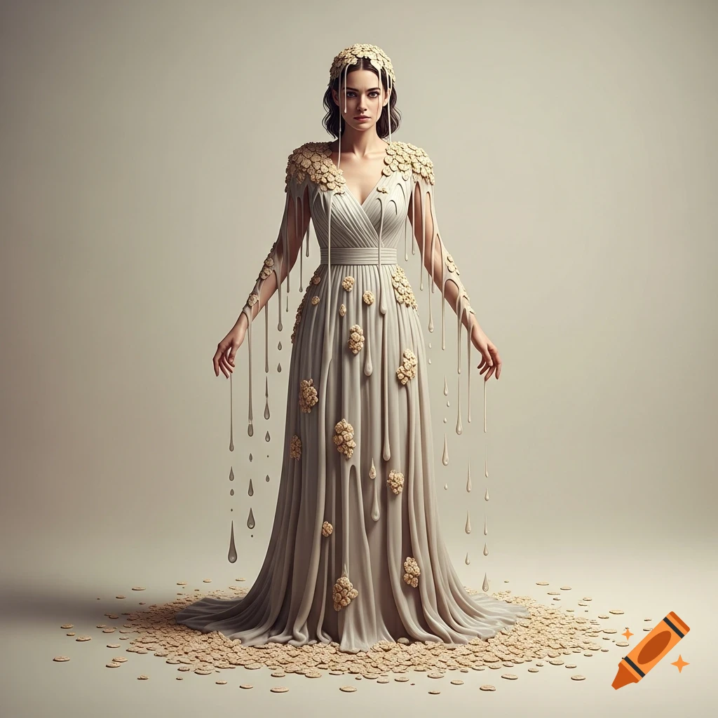 A woman in a flowing oatmeal gown, dripping with oatmeal and standing on a floor covered in cookies, against a plain background.