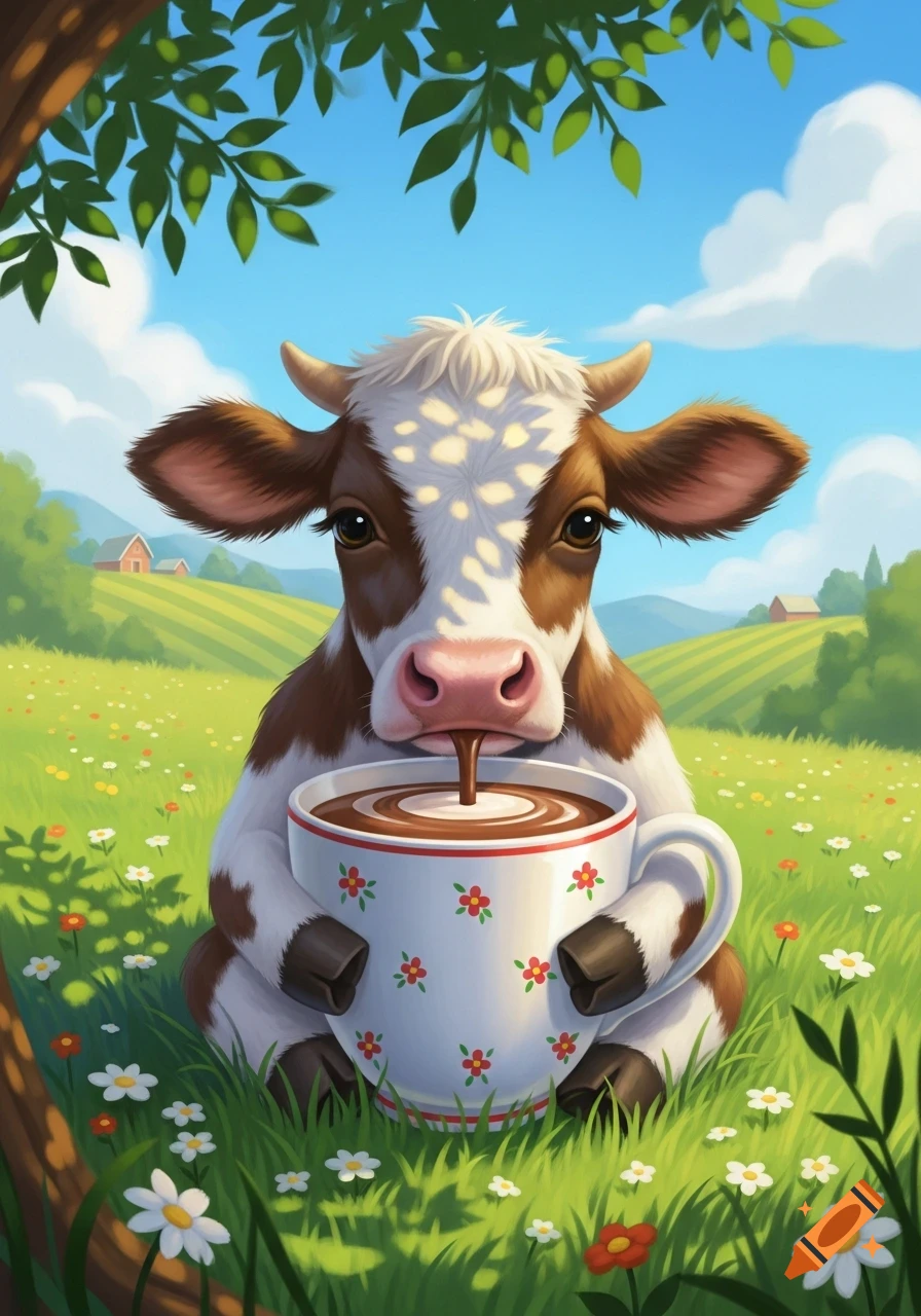 A cute cartoon cow sits in a grassy field under a tree, drinking chocolate milk from a patterned mug.