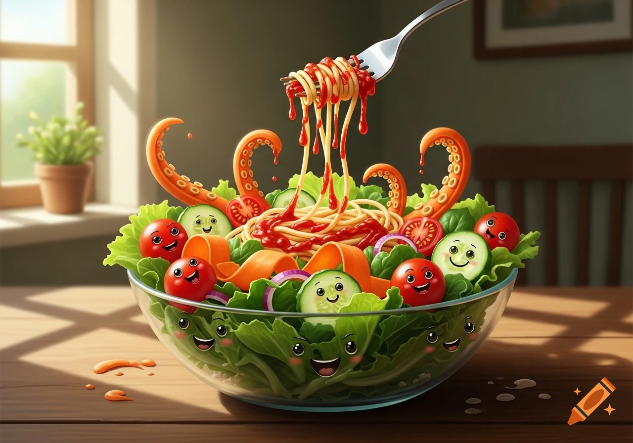 Cartoon salad with smiling vegetables, octopus tentacles, and spaghetti being lifted by a fork on a wooden table.