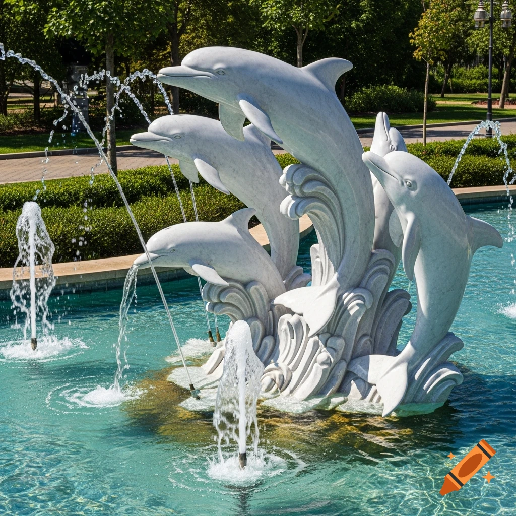 A white marble sculpture of multiple dolphins leaping from the water in a garden fountain with jets spraying.