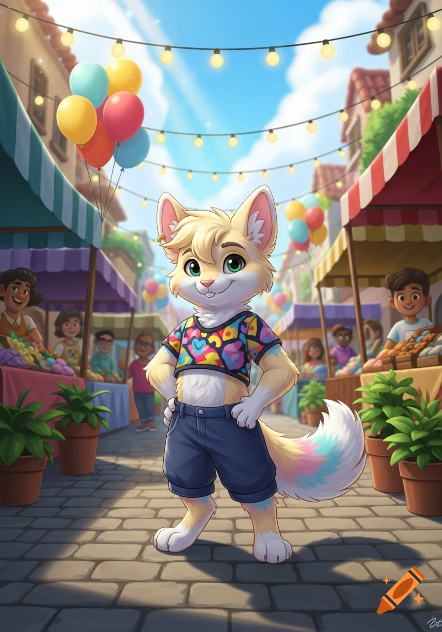 An anthropomorphic, fox-like character in a colorful crop top and denim shorts stands smiling in a sunny outdoor market.
