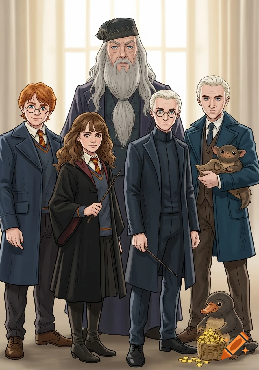 Cartoon illustration of Harry Potter, Ron, Hermione, Draco, Dumbledore, a Niffler, and a Bowtruckle standing together.