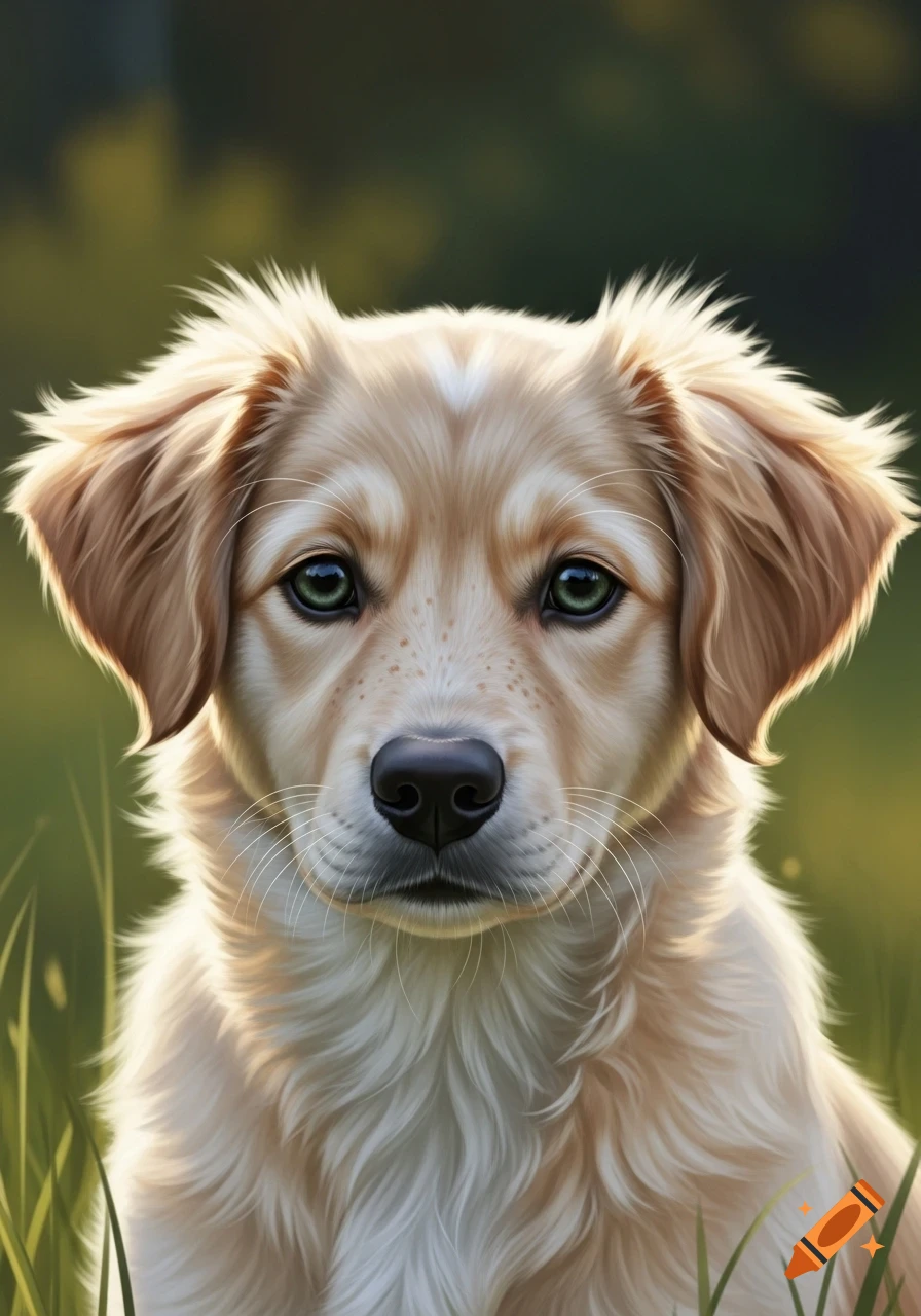 A realistic puppy with light blond fur, green eyes, and freckles on its muzzle, sitting in green grass.