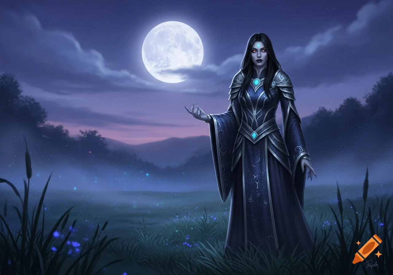 A twilight cleric with black hair and pale skin stands in a moonlit ...