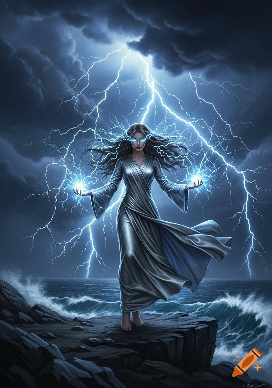 A powerful woman in a flowing dress stands on a rocky coast, summoning lightning from a stormy sky and her glowing hands.