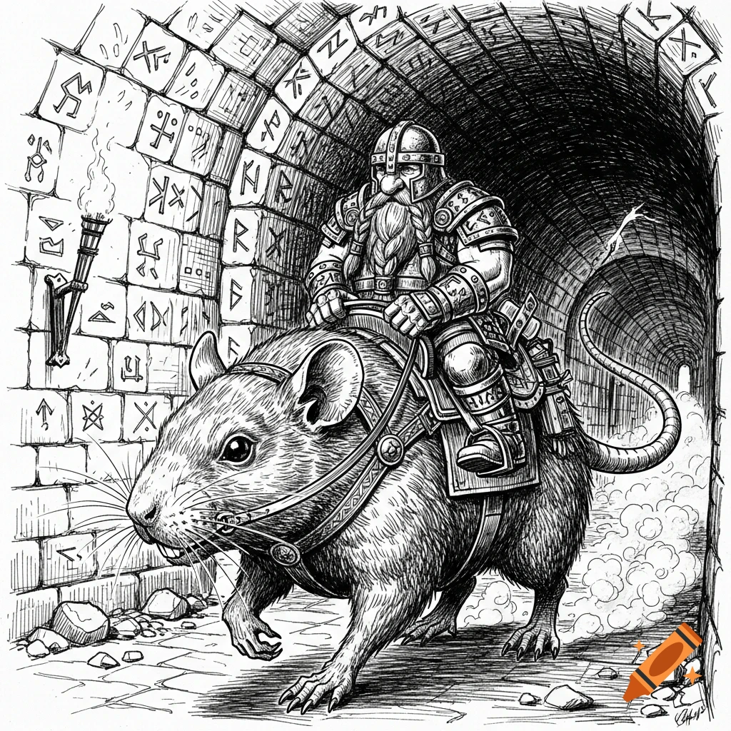 An ink drawing of a fantasy dwarf with a long beard and helmet, riding a harnessed rat through a carved stone tunnel covered in runes. A torch lights the left wall.