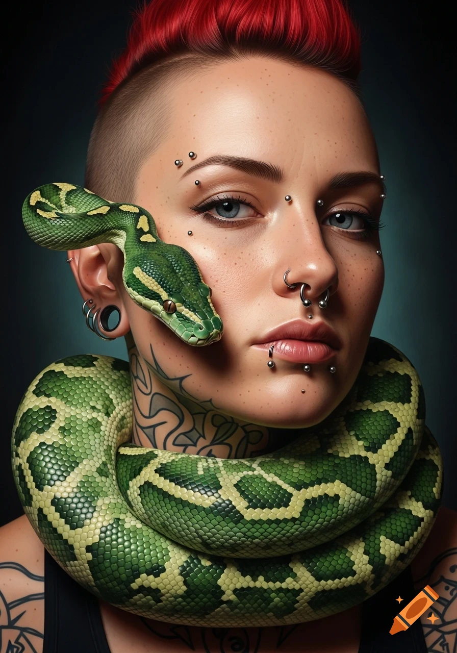 Photorealistic portrait of an alternative woman with red hair, shaved sides, facial piercings, and tattoos, with a green and yellow snake wrapped around her neck and face.