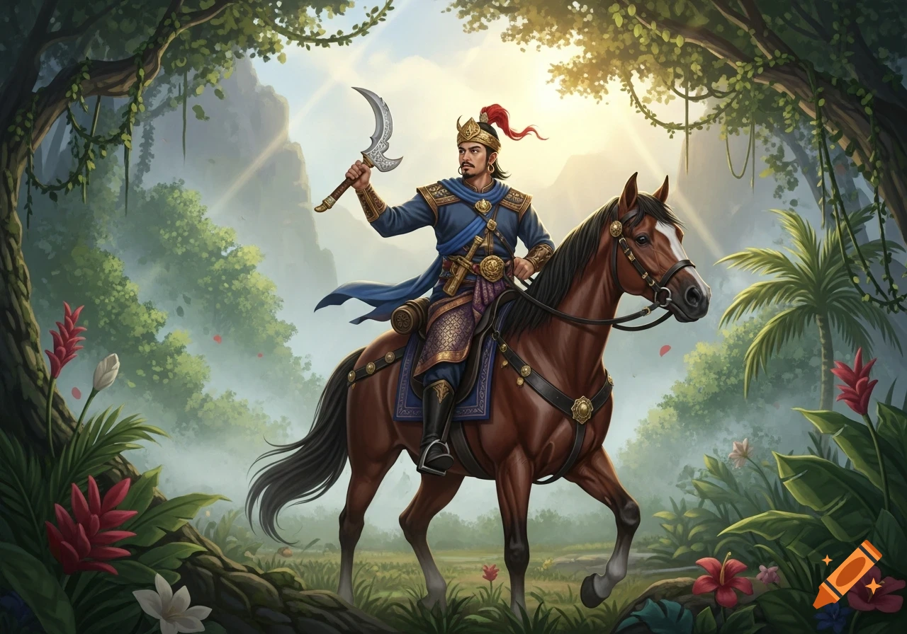 A regal warrior in blue and gold armor rides a brown horse through a lush jungle, holding a curved sword aloft, vibrant fantasy art.