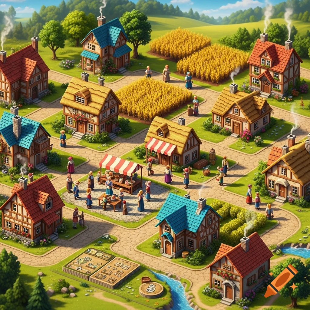 Isometric view of a bustling medieval-style village game board with houses, wheat fields, a market stall, and tiny villagers.