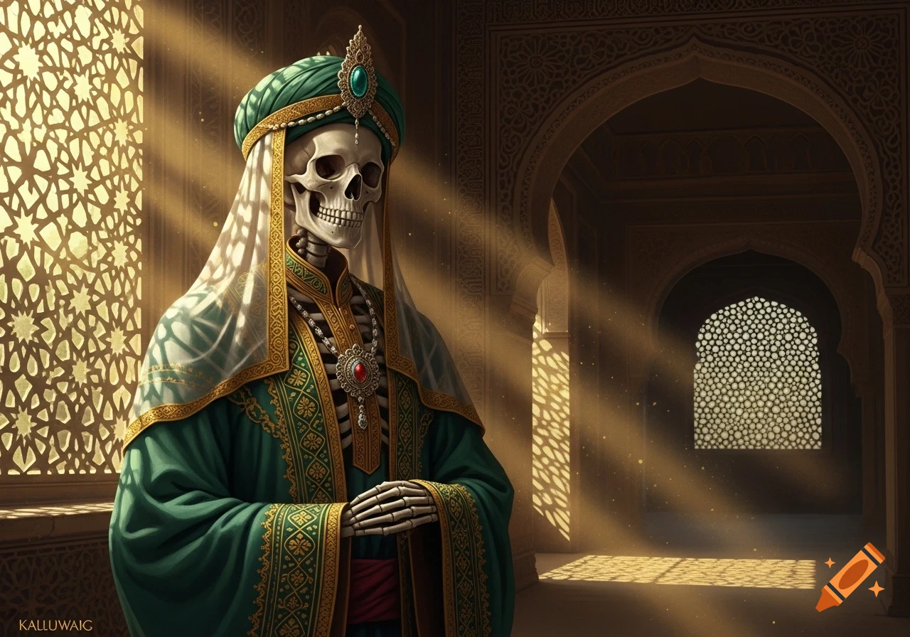 A skeletal figure in a green and gold turban and robe stands in a sunlit, ornately decorated Middle Eastern hall.